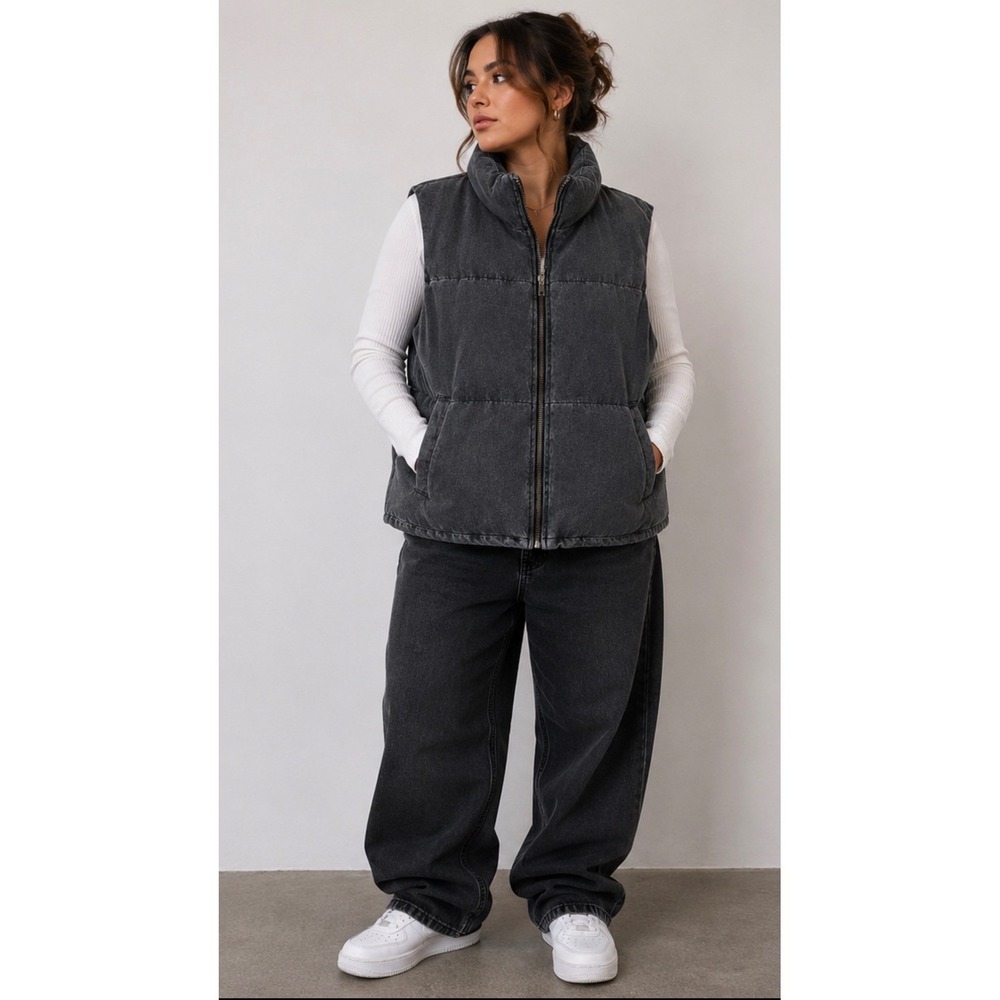 Angel Kiss Los Angeles Womens XL Gray Acid Wash Denim Puffer Vest Full Zip Y2K